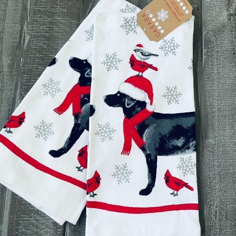 Christmas Black Lab Dog Red Cardinal Snowflakes Dish Towels Set